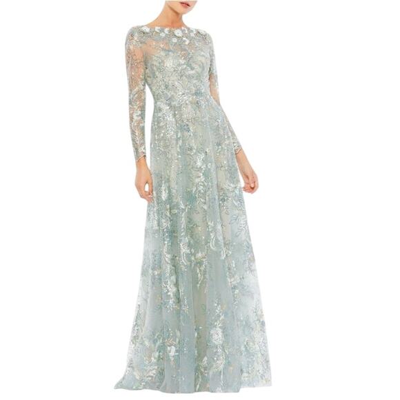 New Mac Duggal Floral Sequin Illusion Gown Mist Size 6 Elegant Evening Dress - Picture 1 of 10